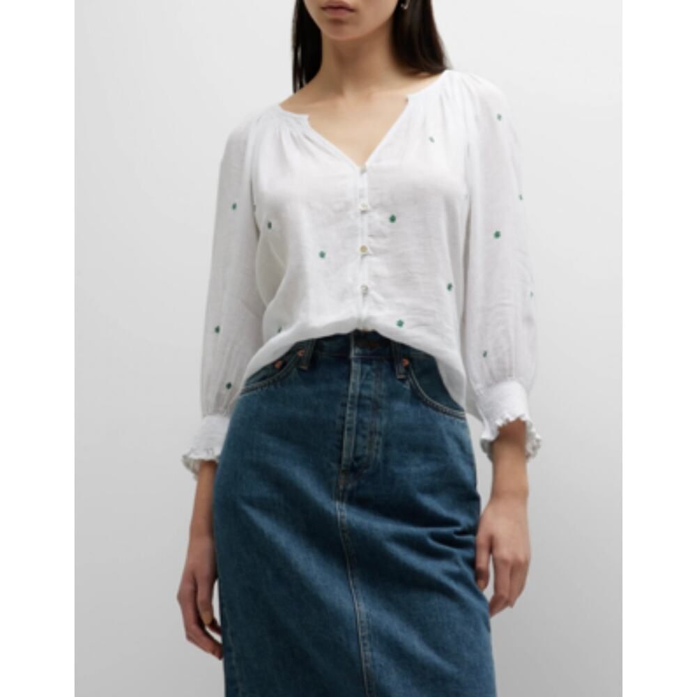 Rails Mariah Floral-Embroidered Blouse Women's XXS White Green 3/4 Sleeves